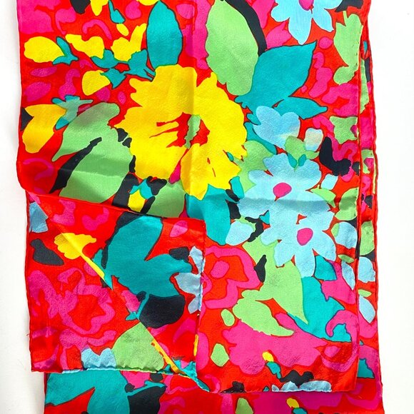 Bright Floral Silky Summer Scarf Long Skinny Rolled Edge 58x11in - Picture 2 of 4
